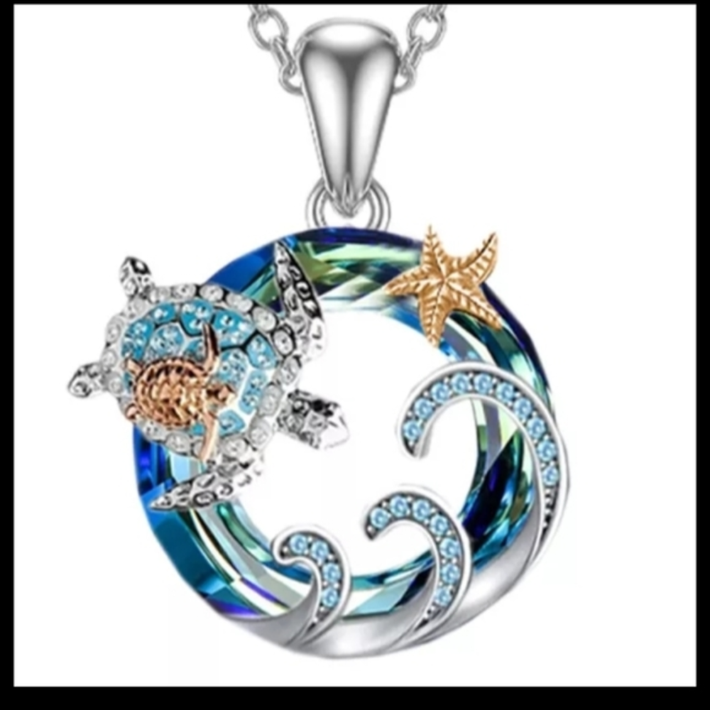 Silver Rhinestone‎ Sea Turtle with Baby Necklace
